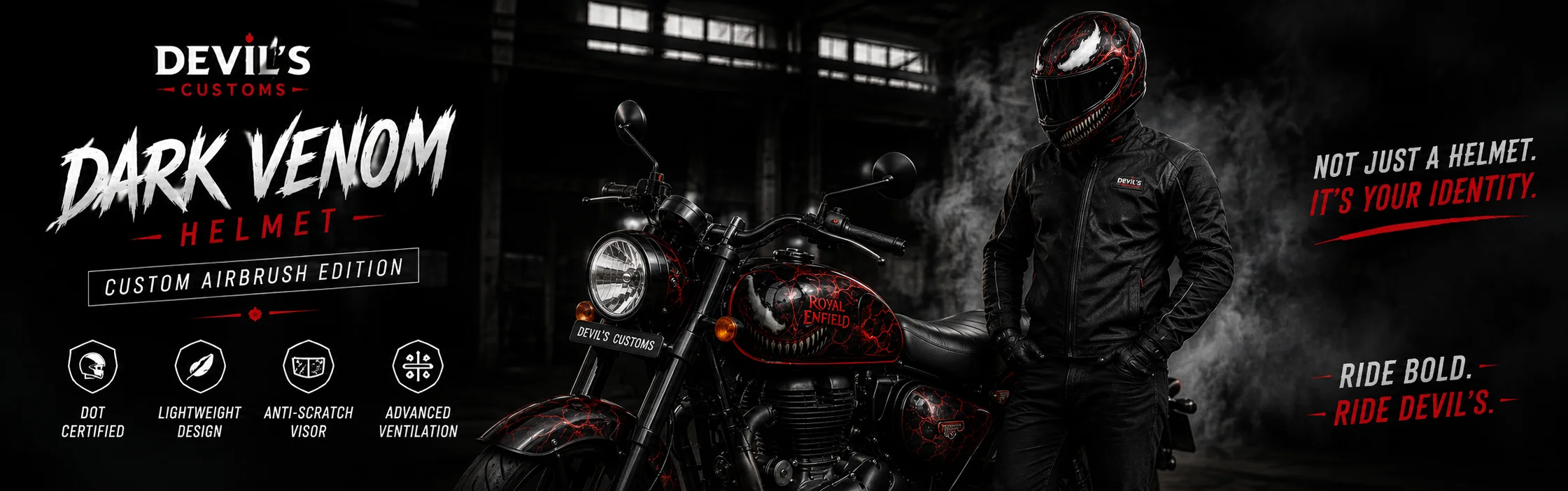  Rider wearing the custom airbrushed Dark Venom Helmet by Devil's Customs