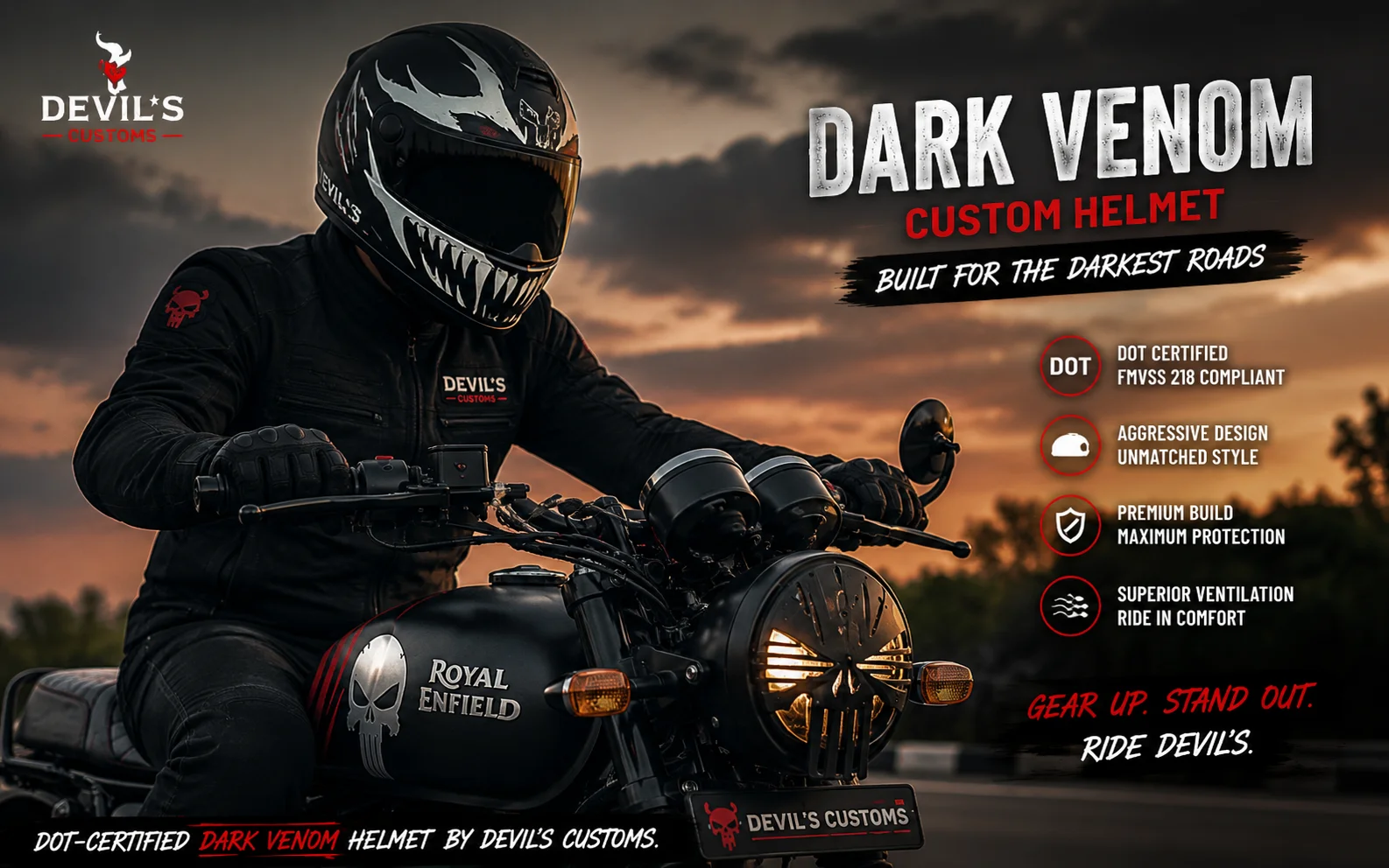Rider wearing the DOT-certified Dark Venom custom helmet by Devil's Customs.