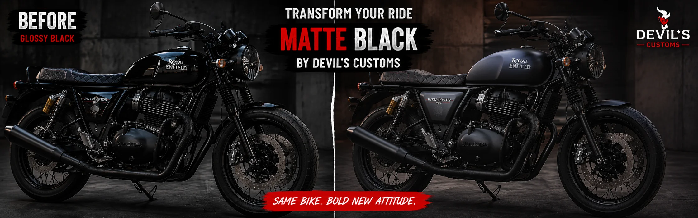 Before and after matte bike paint modification on a custom Royal Enfield by Devil’s Customs