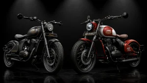 Compare custom Jawa Perak and Jawa 42 Bobber tank covers by Devils Customs in a studio setting