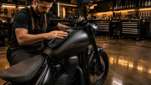 Expert maintenance and cleaning of a Jawa Perak tank cover in a professional motorcycle workshop.