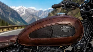 Jawa 42 Bobber accessories featuring a vintage brown custom motorcycle tank cover by Devils Customs